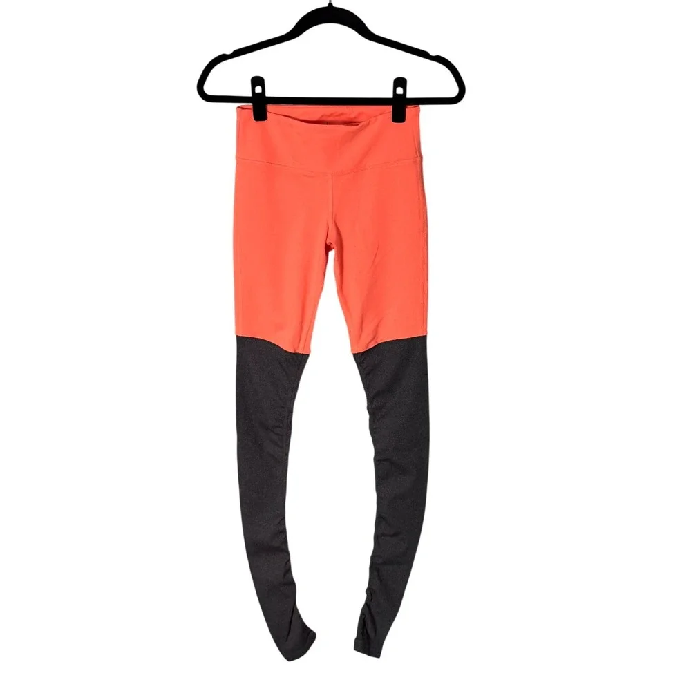 Alo Yoga Womens Goddess Ribbed Leggings Neon Orange Charcoal Grey Size XS
